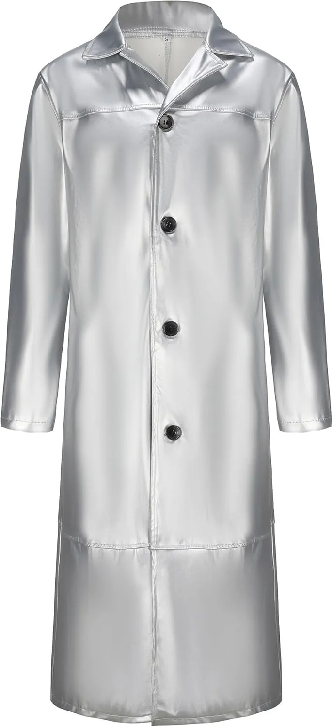 Men's Leather Long Trench Coat Faux Leather Vintage Full Length Overcoat Fashion Open Front Cardigan Jackets