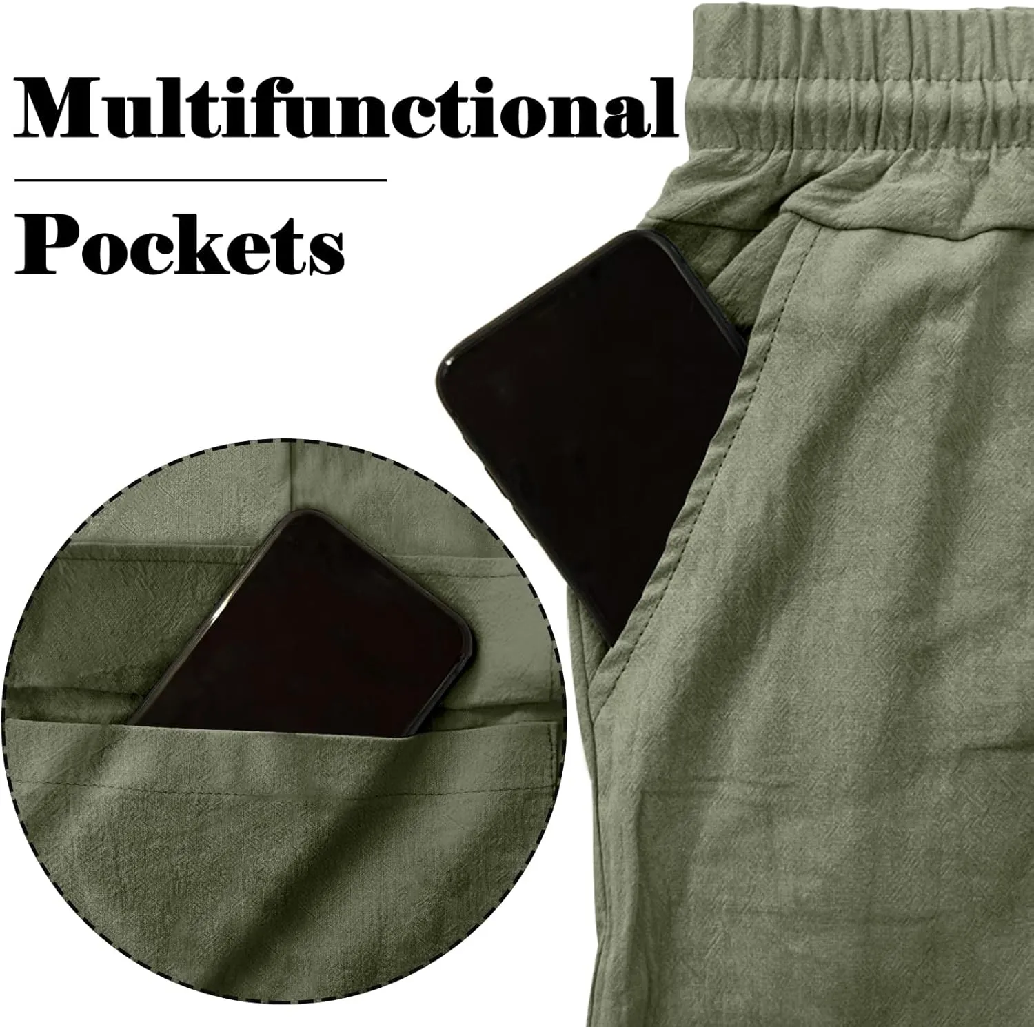 Mens Linen Pants Casual Summer Beach Pants Lightweight Drawstring Yoga Trousers Vacation Cargo Pants with Pockets