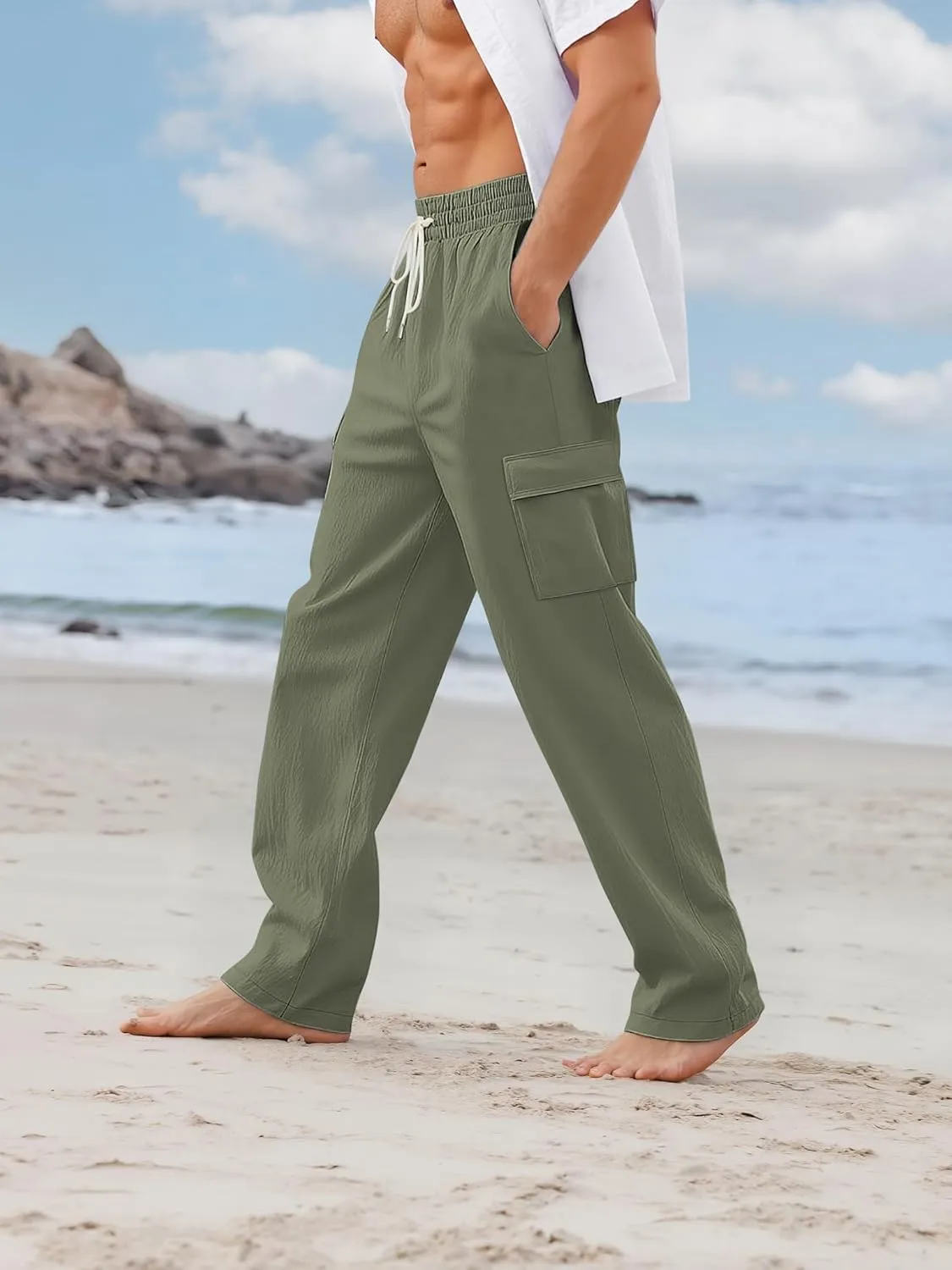 Mens Linen Pants Casual Summer Beach Pants Lightweight Drawstring Yoga Trousers Vacation Cargo Pants with Pockets