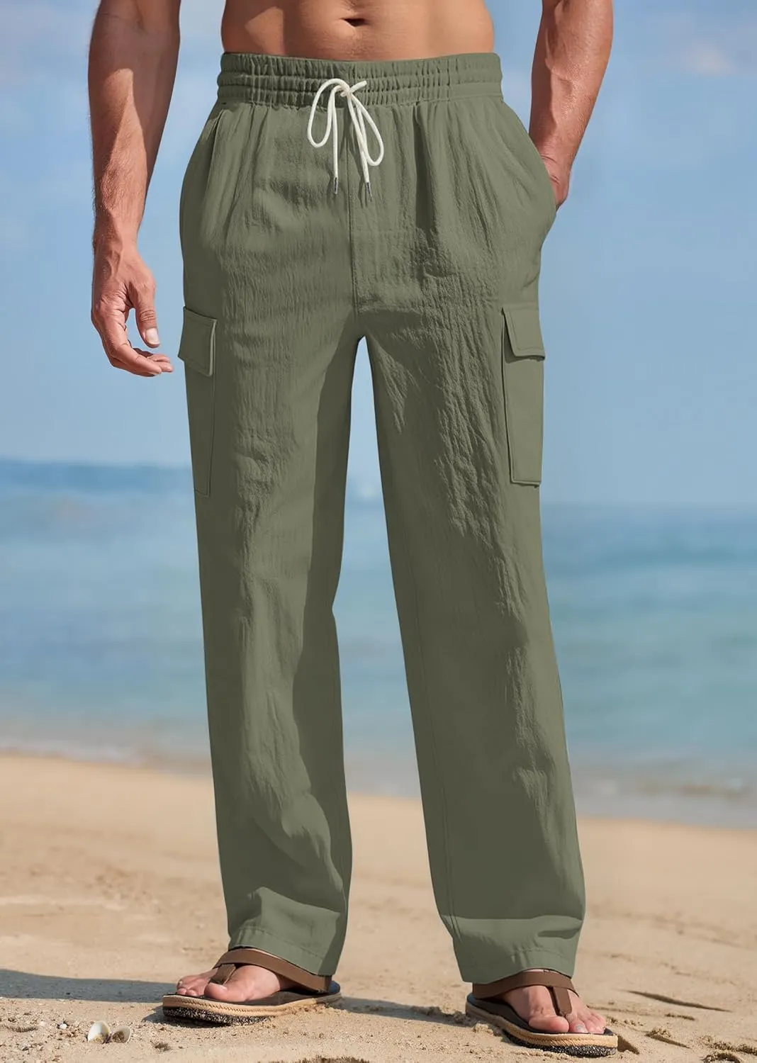 Mens Linen Pants Casual Summer Beach Pants Lightweight Drawstring Yoga Trousers Vacation Cargo Pants with Pockets
