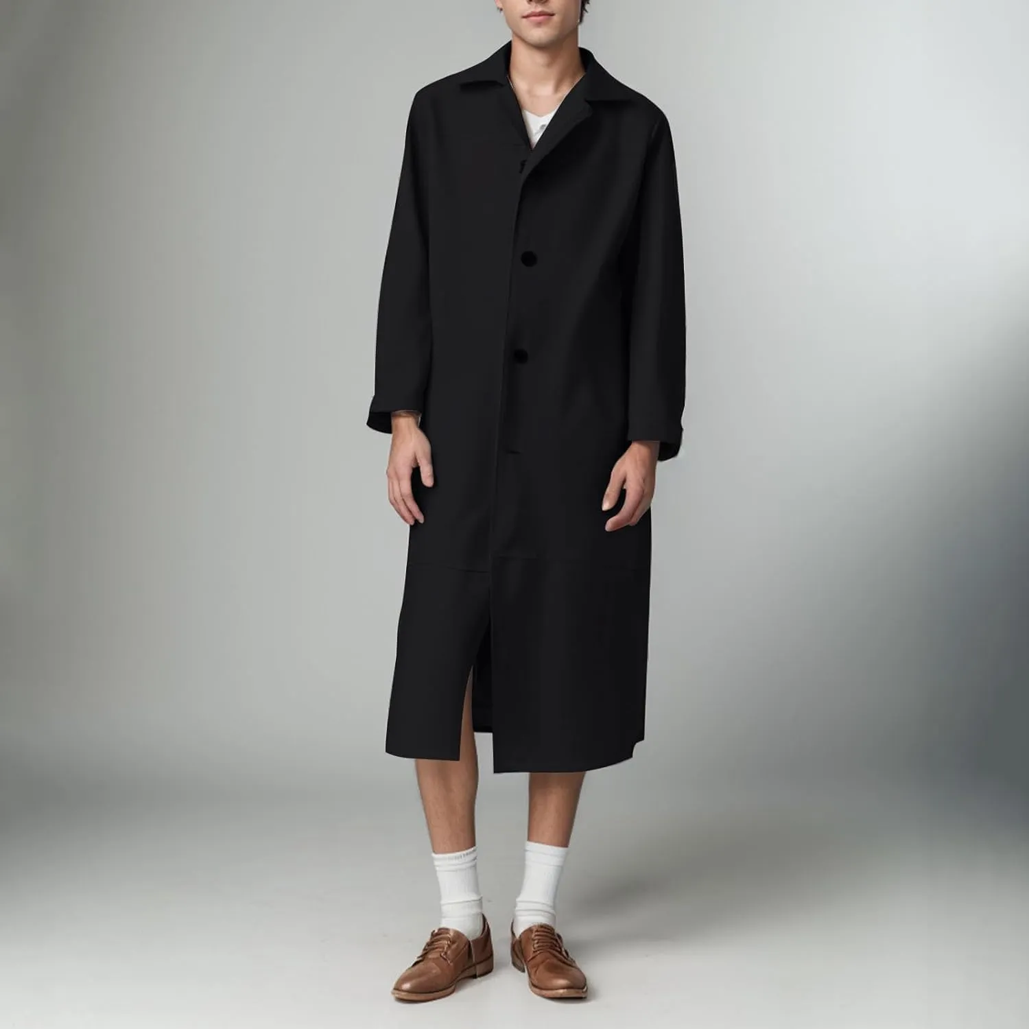 Men's Notched Lapel Leather Trench Coat Vintage Classic Faux Leather Button Long Leather Jacket Fall Winter Overcoat