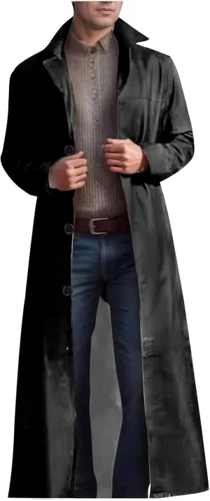 Men's Notched Lapel Leather Trench Coat Vintage Classic Faux Leather Button Long Leather Jacket Fall Winter Overcoat
