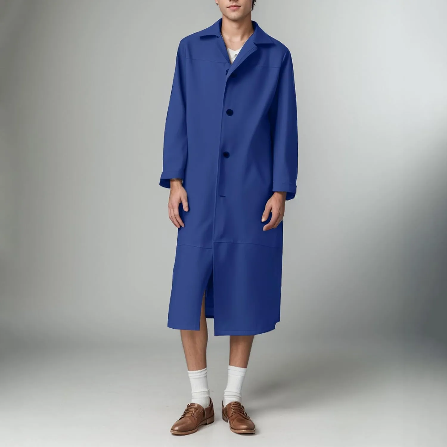 Men's Notched Lapel Leather Trench Coat Vintage Classic Faux Leather Button Long Leather Jacket Fall Winter Overcoat