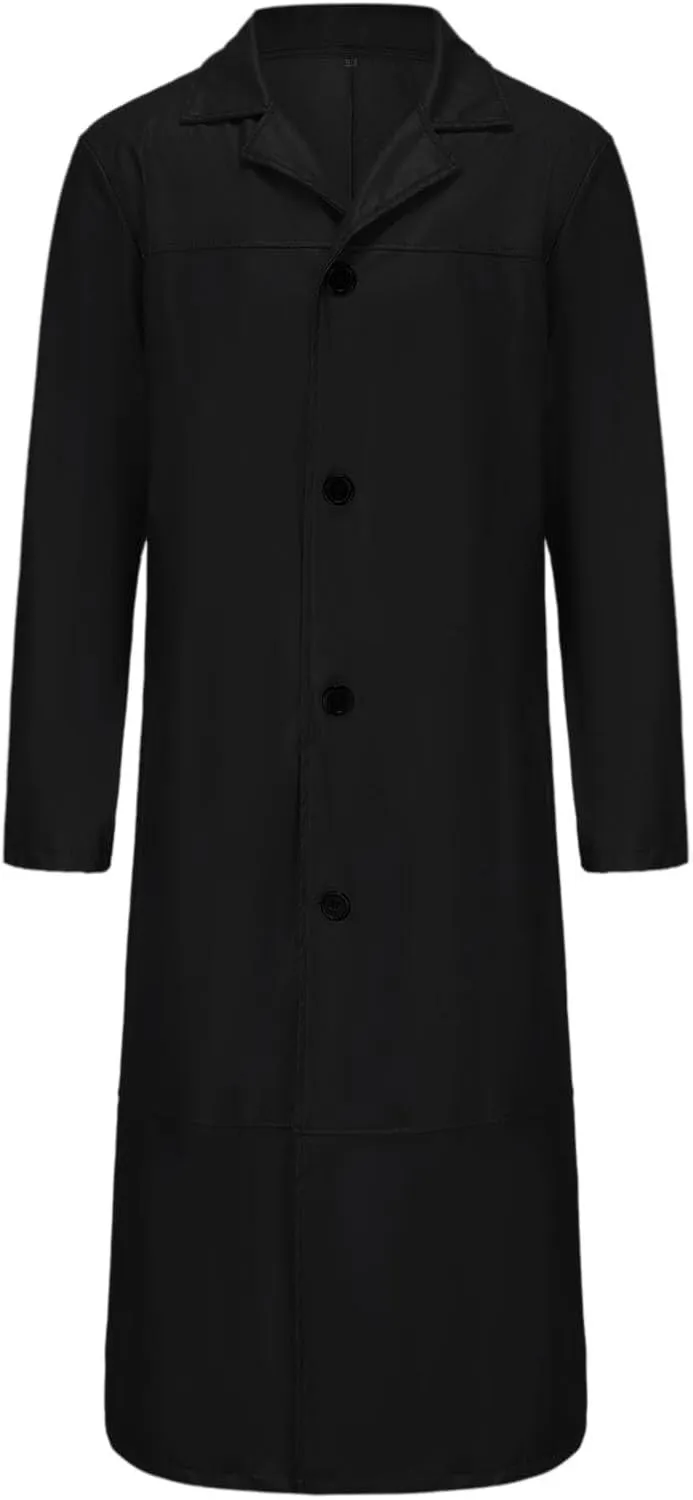 Men's Notched Lapel Leather Trench Coat Vintage Classic Faux Leather Button Long Leather Jacket Fall Winter Overcoat