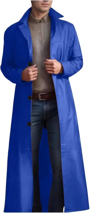 Men's Notched Lapel Leather Trench Coat Vintage Classic Faux Leather Button Long Leather Jacket Fall Winter Overcoat