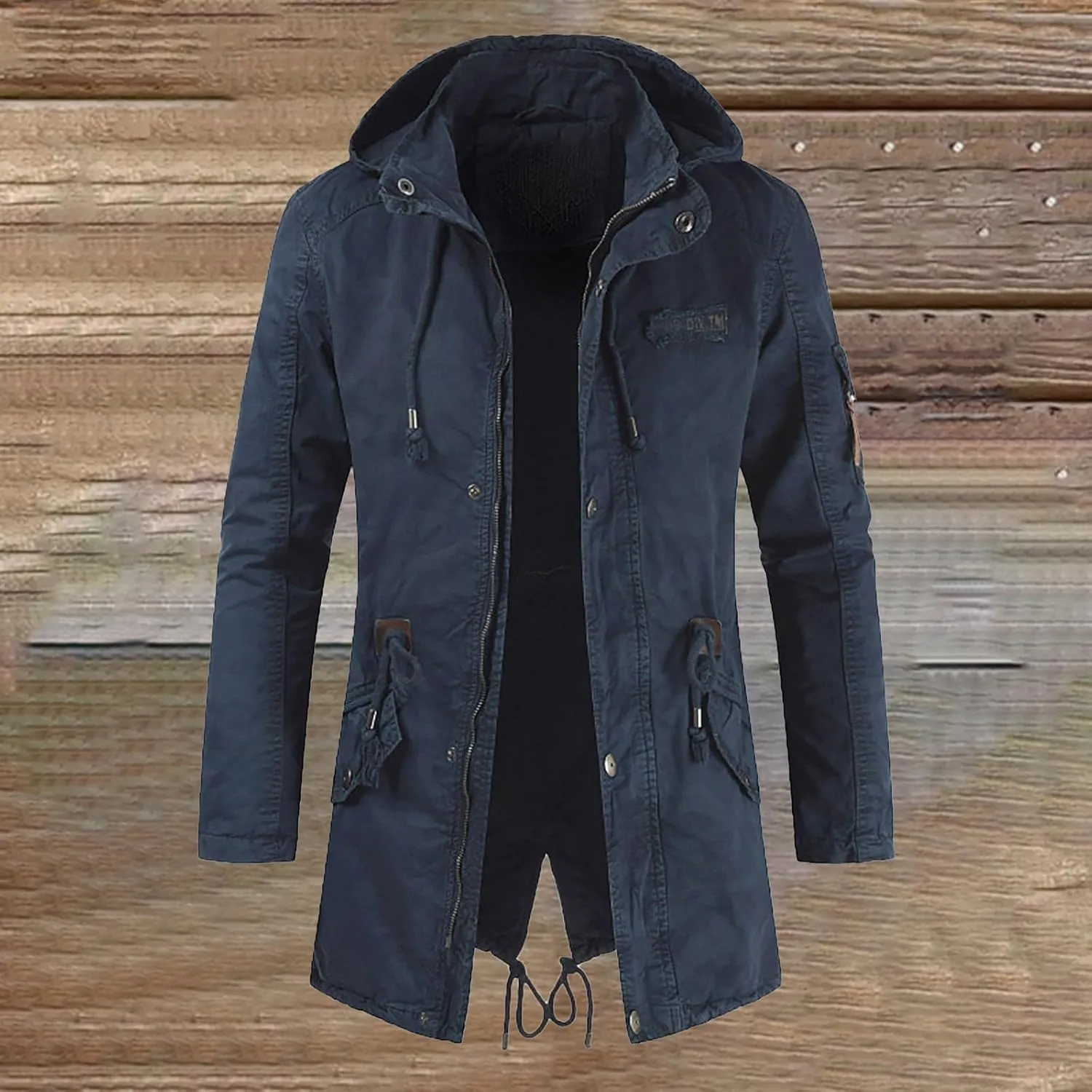 Men's Wool Coat Long Trench Coat Slim Zipper Cardigan Solid Color Hooded Casual Washed Jacket Windbreaker Long