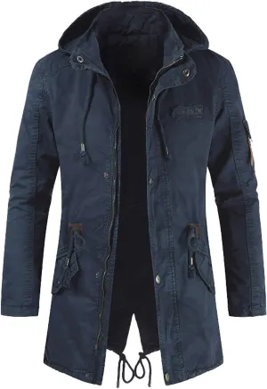 Men's Wool Coat Long Trench Coat Slim Zipper Cardigan Solid Color Hooded Casual Washed Jacket Windbreaker Long