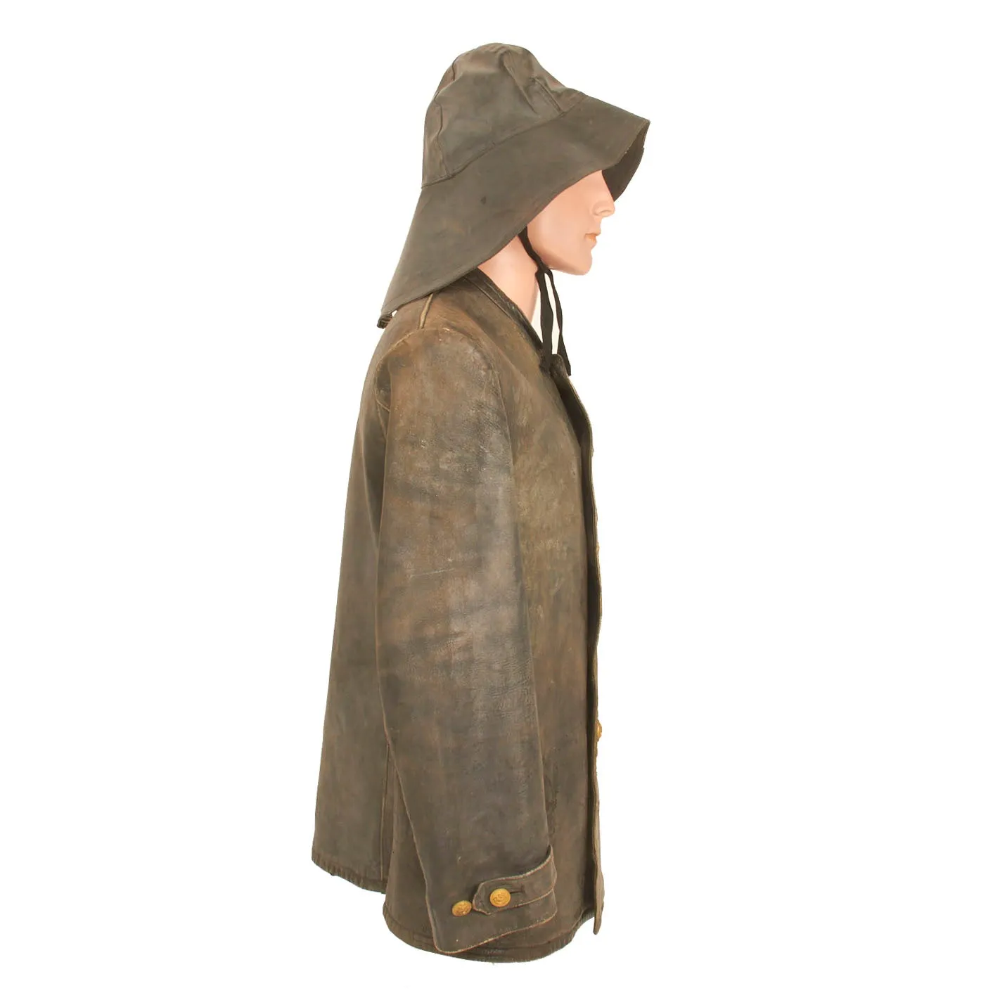 Original WWII German Kriegsmarine Leather Deck Jacket and Rubber Foul Weather Hat - dated 1942