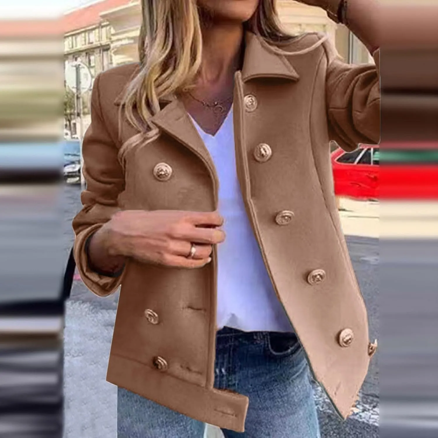 PeQAQ Womens Blazer Jacket Double Breasted Coat Woolen Long Sleeve Work Office Blazers 2023 Lapel Open Front Suit Jackets