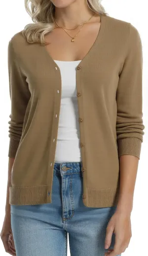 QUALFORT Women's 100% Cotton Lightweight Cardigans Long Sleeve Knitted Button Down Sweater