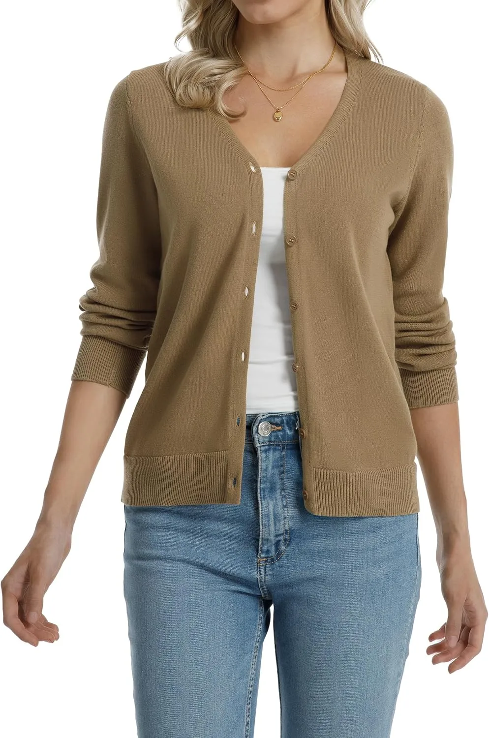 QUALFORT Women's 100% Cotton Lightweight Cardigans Long Sleeve Knitted Button Down Sweater