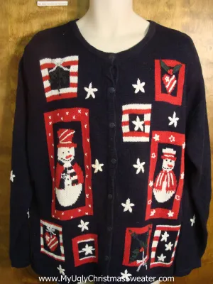Red, White, and Blue Snowman Ugly Christmas Sweater