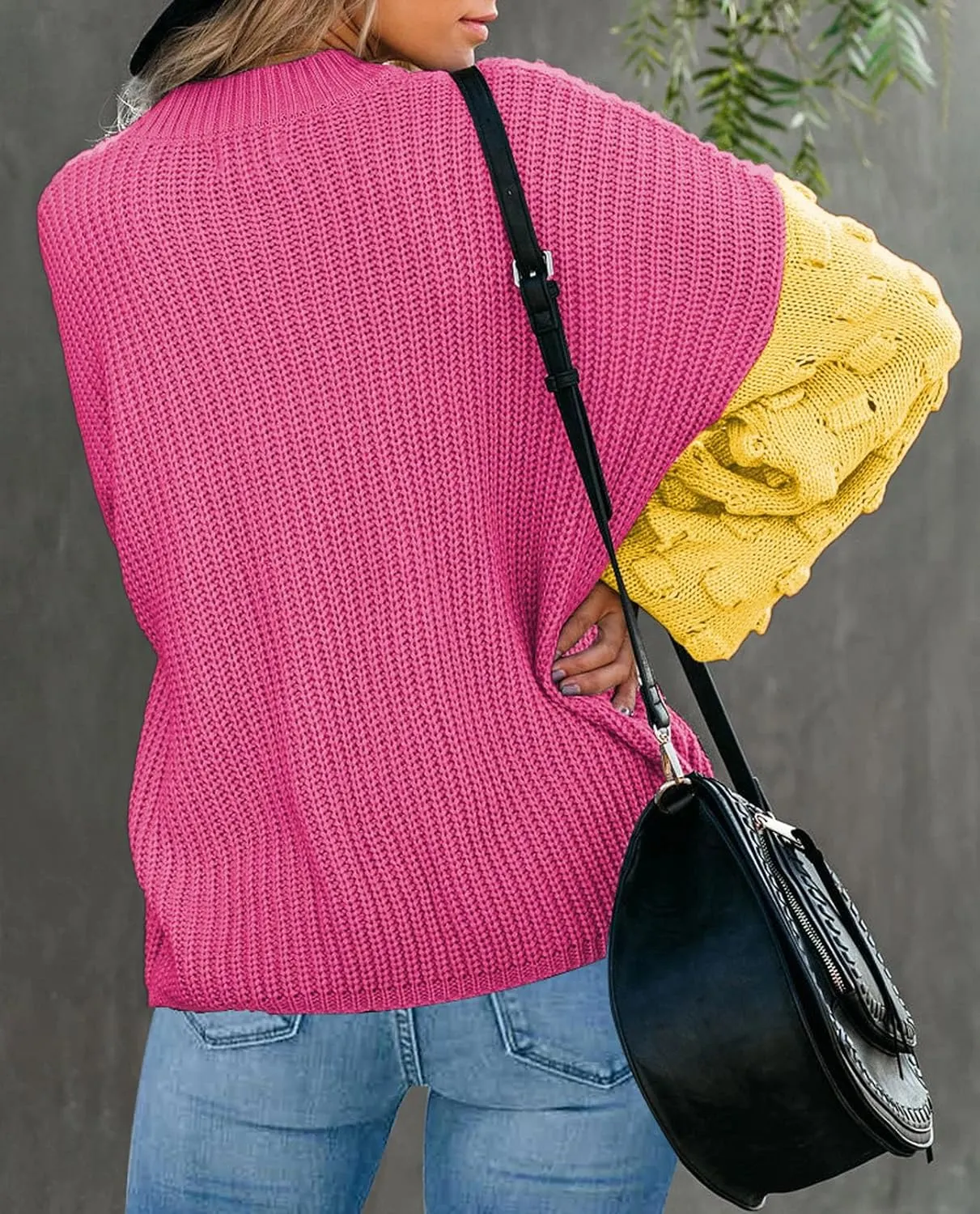 Sovoyontee Women's 2024 Fall Oversized Crewneck Long Puff Sleeve Chunky Knit Pullover Sweater Tops
