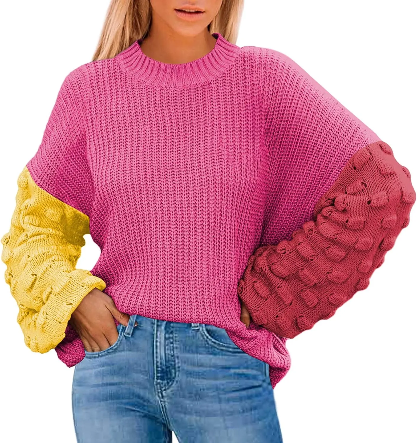 Sovoyontee Women's 2024 Fall Oversized Crewneck Long Puff Sleeve Chunky Knit Pullover Sweater Tops