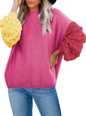Sovoyontee Women's 2024 Fall Oversized Crewneck Long Puff Sleeve Chunky Knit Pullover Sweater Tops