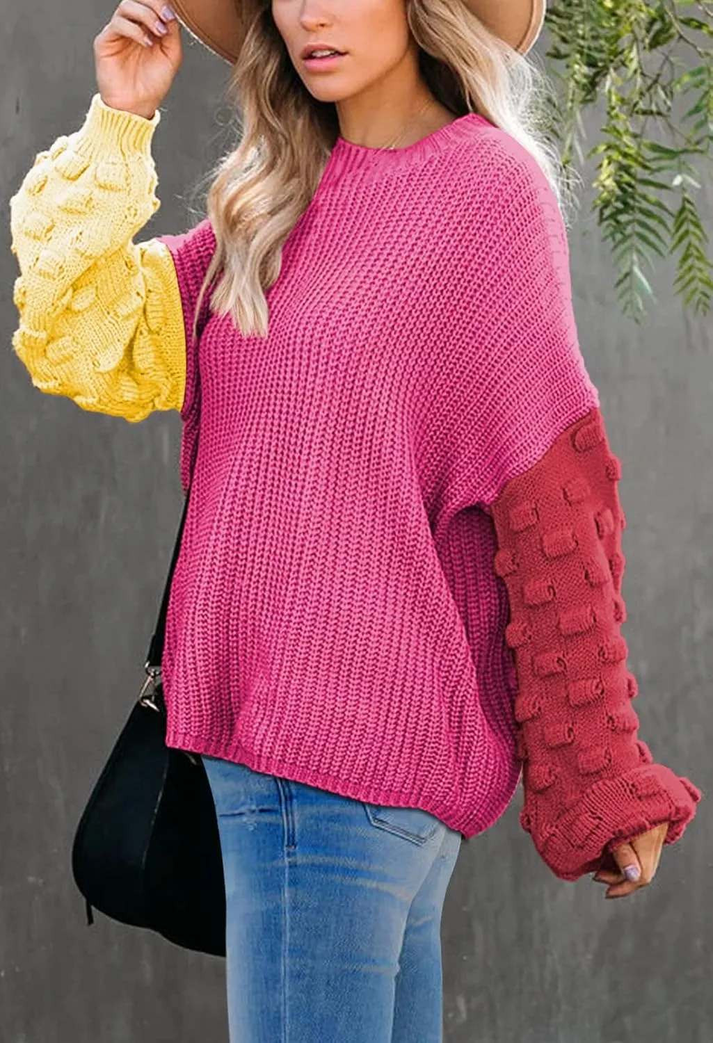 Sovoyontee Women's 2024 Fall Oversized Crewneck Long Puff Sleeve Chunky Knit Pullover Sweater Tops