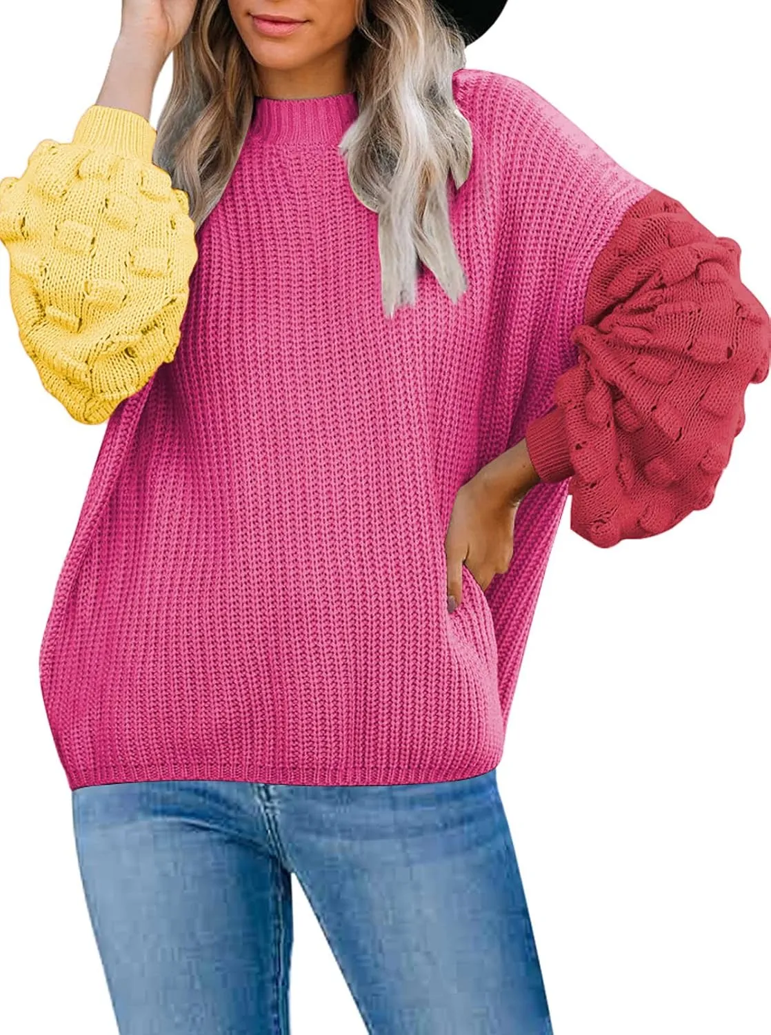 Sovoyontee Women's 2024 Fall Oversized Crewneck Long Puff Sleeve Chunky Knit Pullover Sweater Tops
