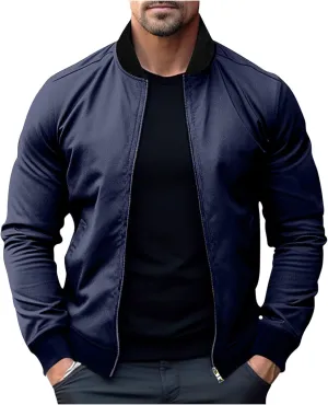 Stand Collar Bomber Jacket for Men Full Zipper Crop Coat Elastic Long Sleeve Outdoor Cardigan Outwear with Pokets