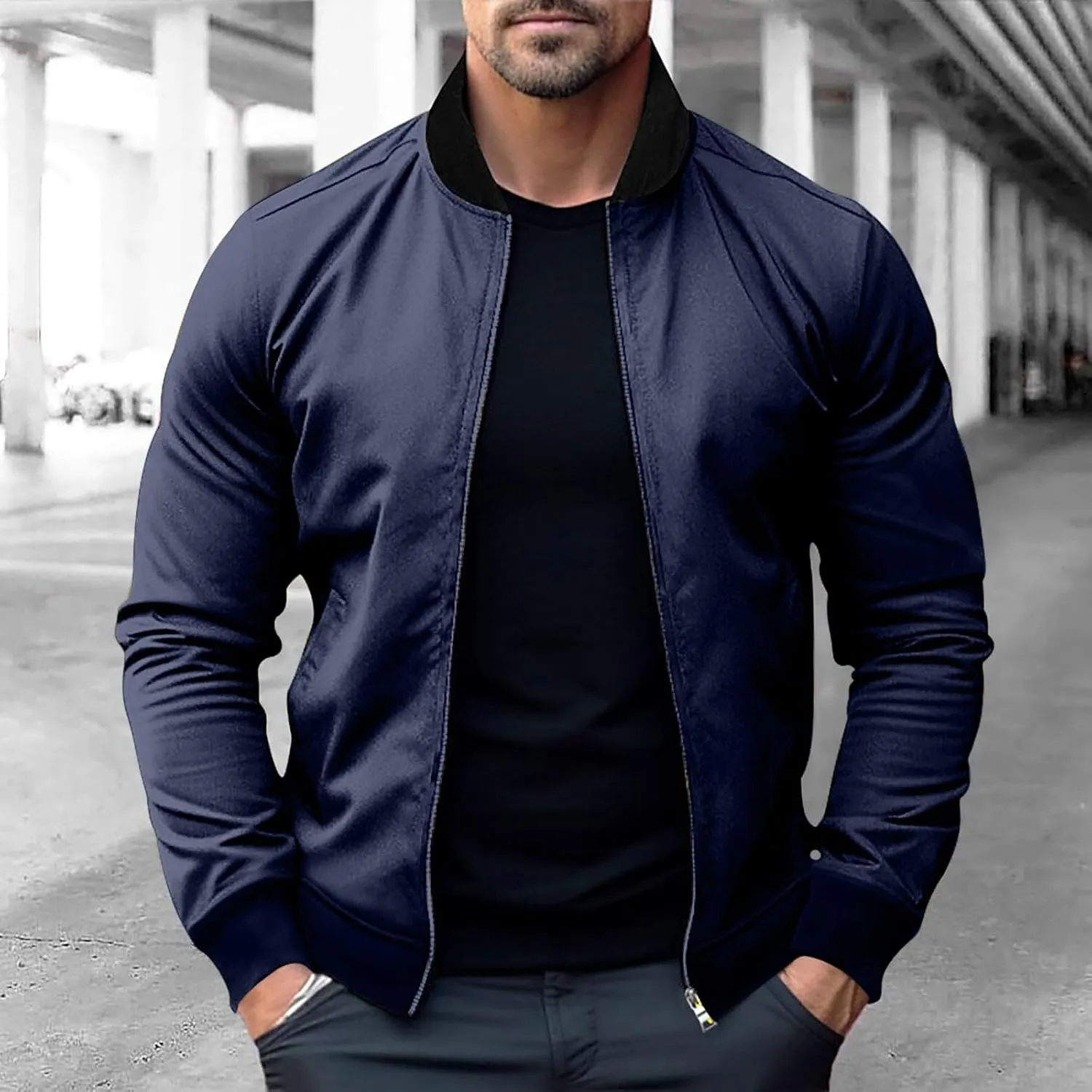 Stand Collar Bomber Jacket for Men Full Zipper Crop Coat Elastic Long Sleeve Outdoor Cardigan Outwear with Pokets