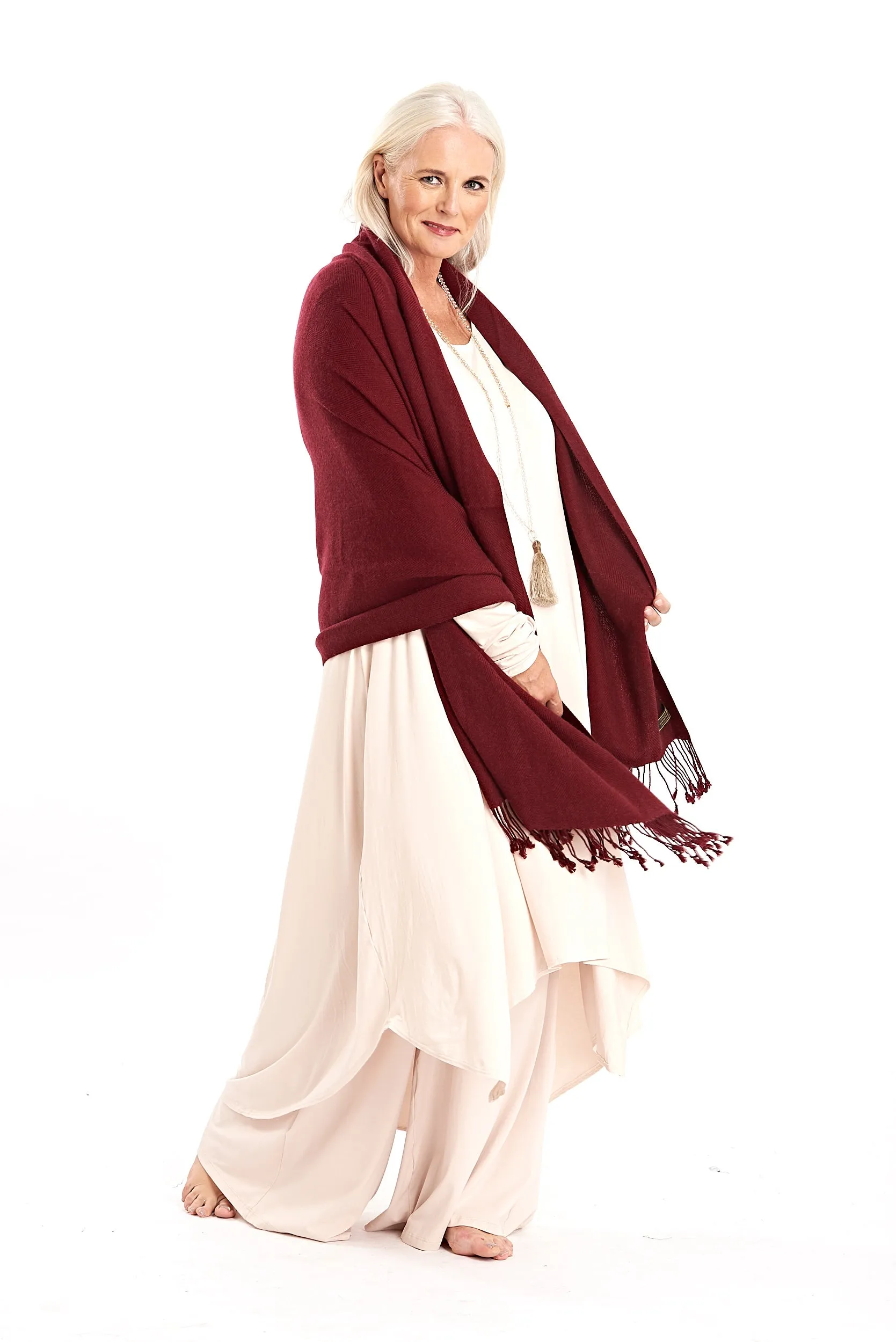 THICK LUXURY CASHMERE HERRINGBONE SHAWL - BURGUNDY