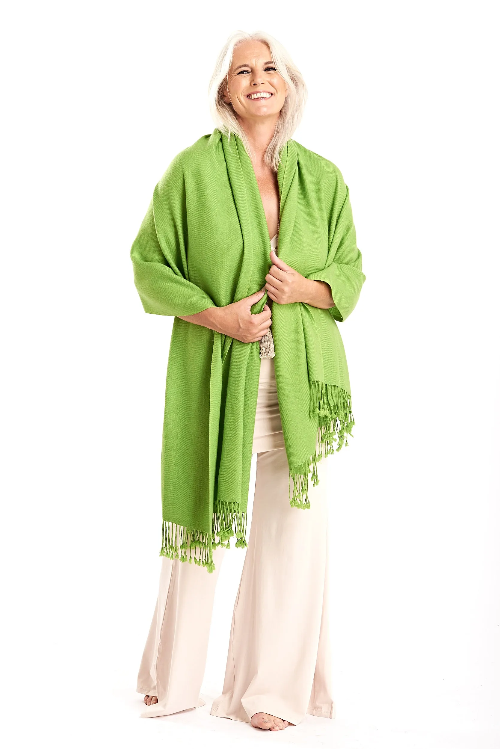 THICK LUXURY CASHMERE HERRINGBONE SHAWL - LIME