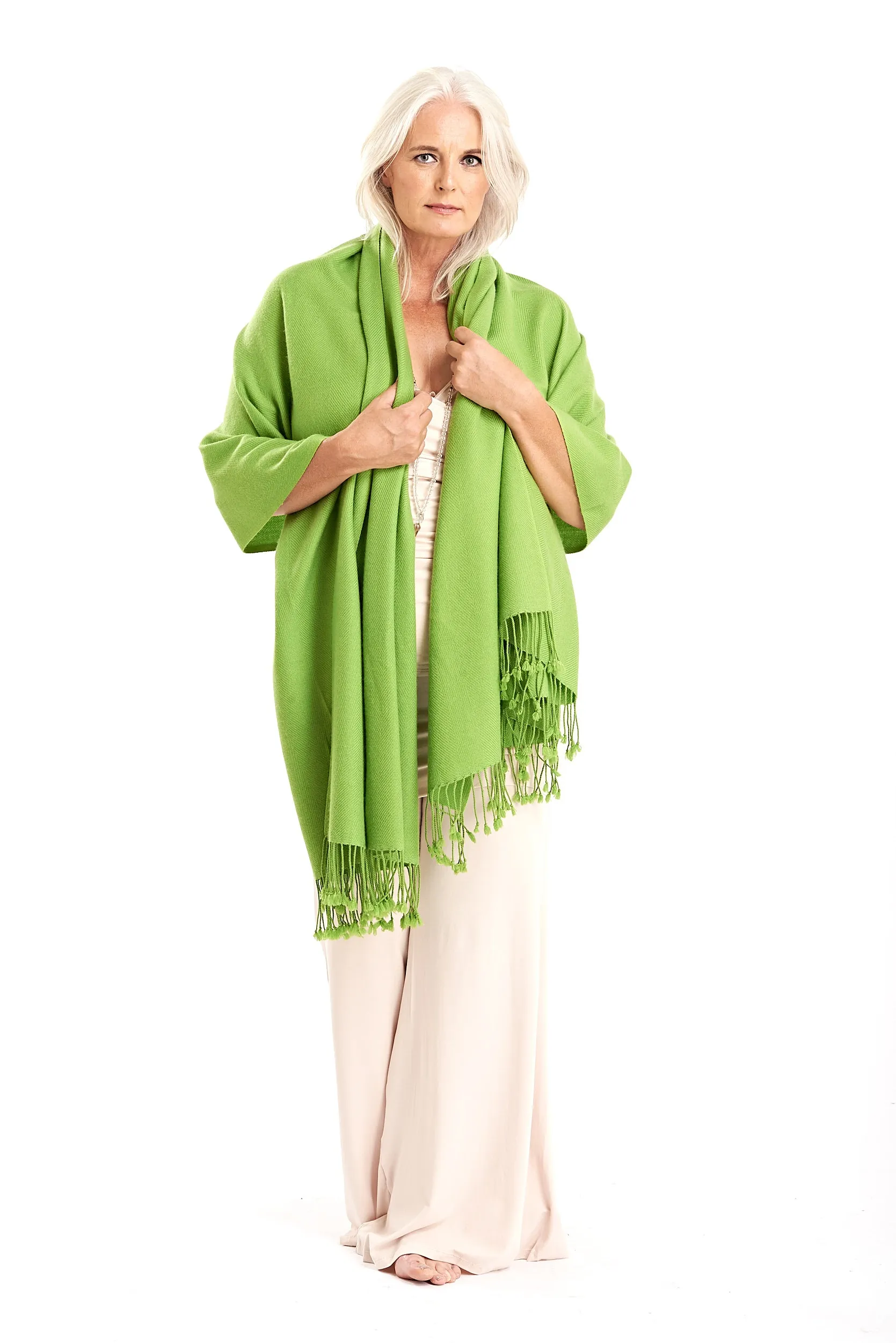 THICK LUXURY CASHMERE HERRINGBONE SHAWL - LIME