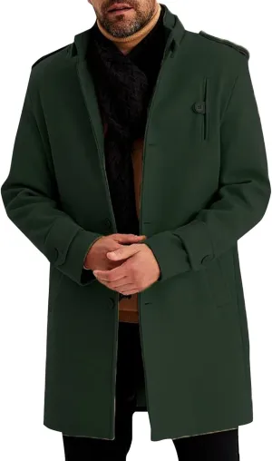 Trench Coat Men Wool Blend Double Breasted Notched Lapel Slim Fit Mid Long Windbreaker Causal Business Overcoat