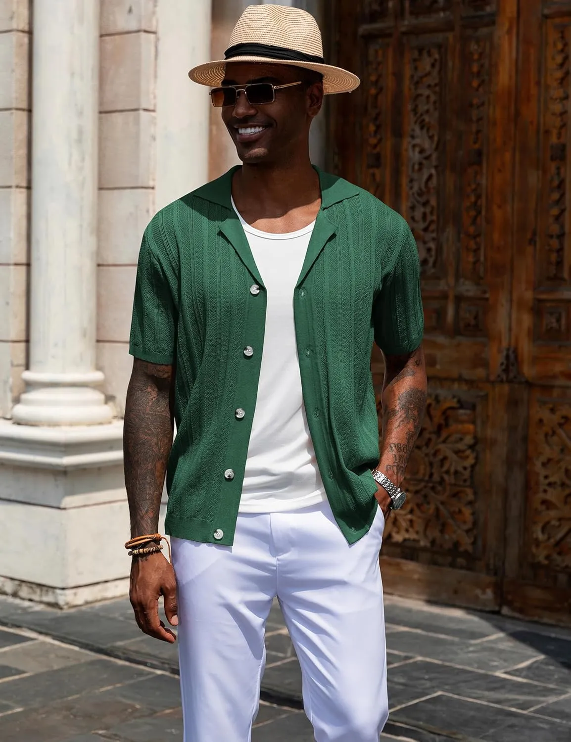 URRU Men's Knit Button Down Shirt Short Sleeve Vintage Polo Shirts Casual Summer Beach Tops