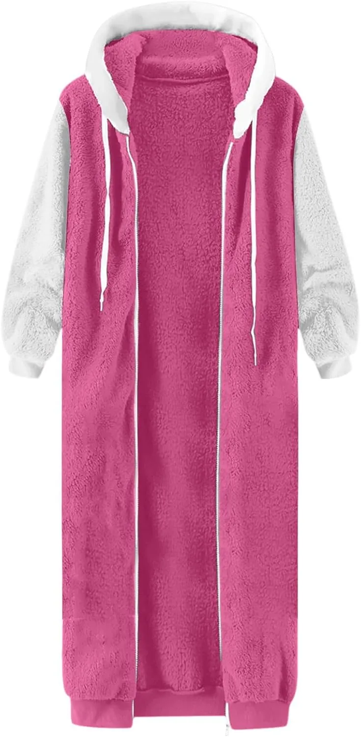 Winter Coats For Women,Women'S Solid Fleece Long Hooded Jacket Fuzzy Zipper Sherpa Outerwear Fall Clothes