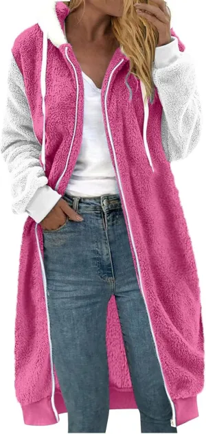 Winter Coats For Women,Women'S Solid Fleece Long Hooded Jacket Fuzzy Zipper Sherpa Outerwear Fall Clothes