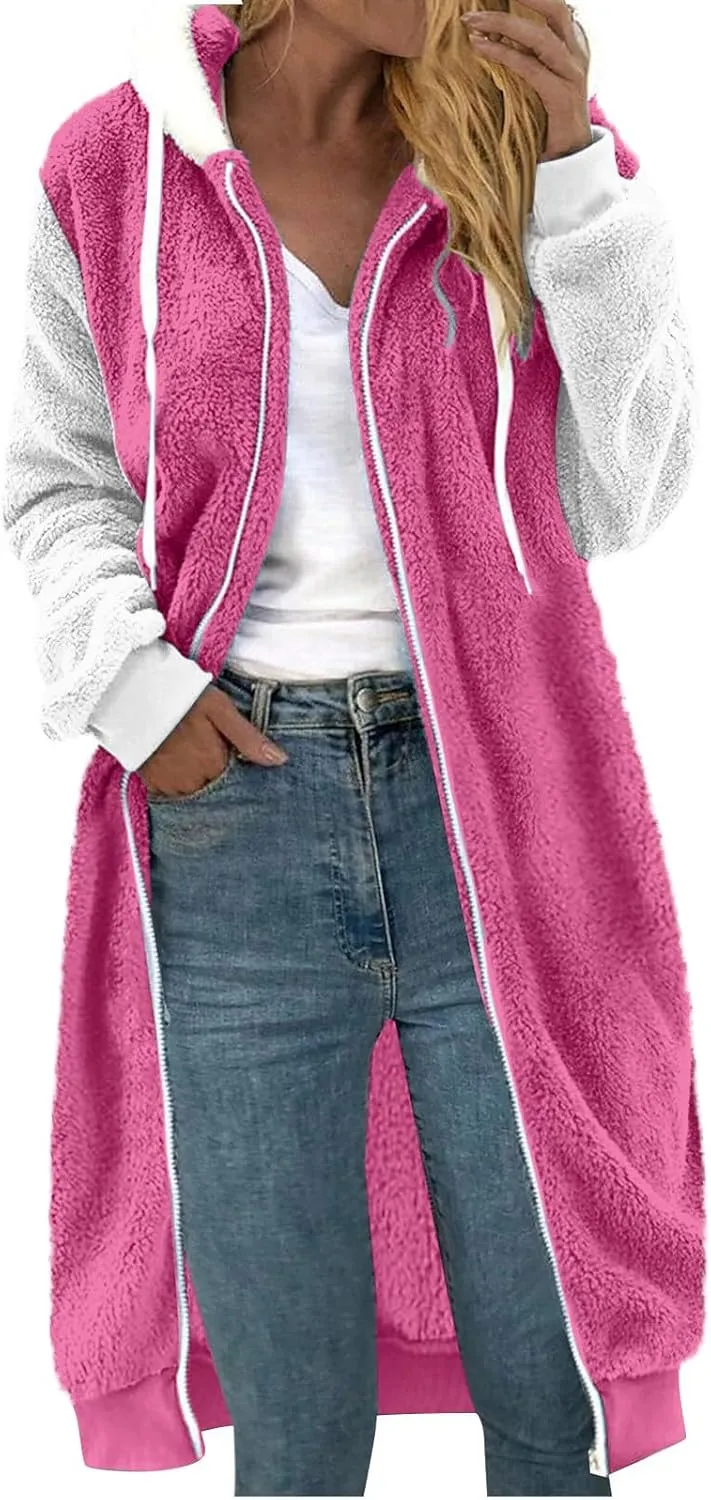 Winter Coats For Women,Women'S Solid Fleece Long Hooded Jacket Fuzzy Zipper Sherpa Outerwear Fall Clothes
