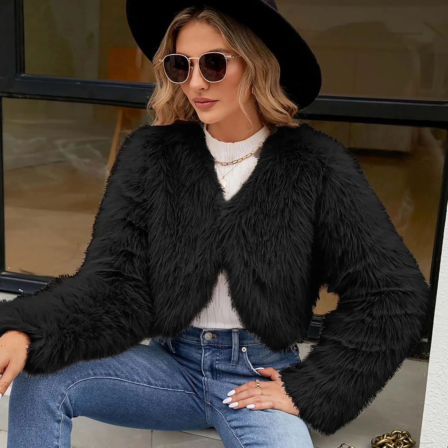 Women Faux Fur Cropped Jacket Plain Long Sleeve Coat Fuzzy Outerwear Solid Open Front Body Warmer Short Parka Coat