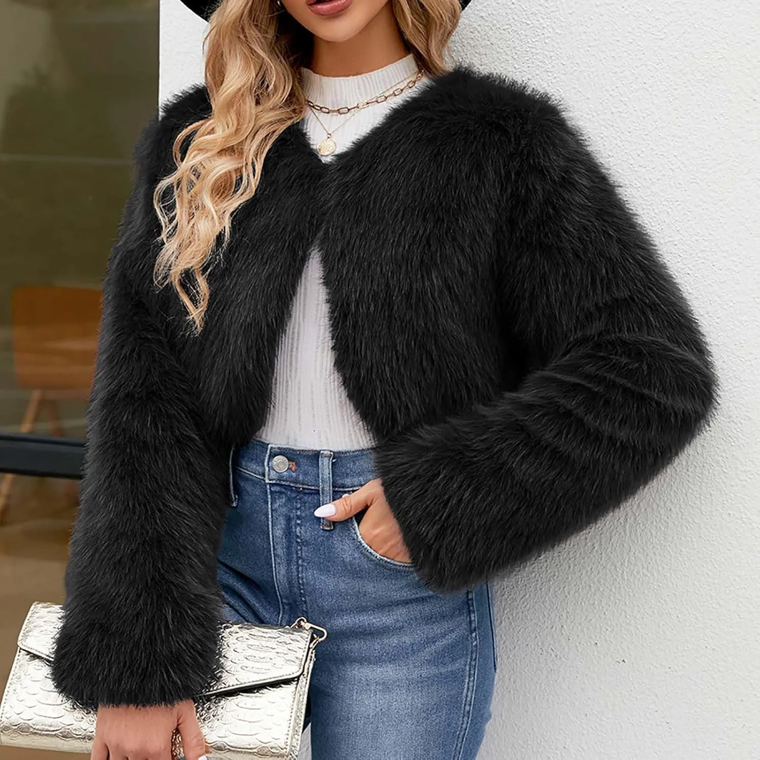 Women Faux Fur Cropped Jacket Plain Long Sleeve Coat Fuzzy Outerwear Solid Open Front Body Warmer Short Parka Coat