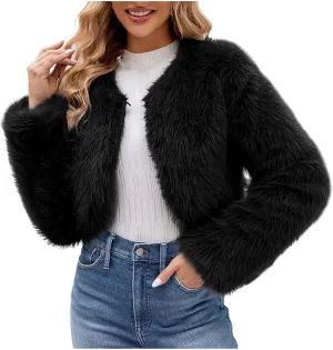 Women Faux Fur Cropped Jacket Plain Long Sleeve Coat Fuzzy Outerwear Solid Open Front Body Warmer Short Parka Coat