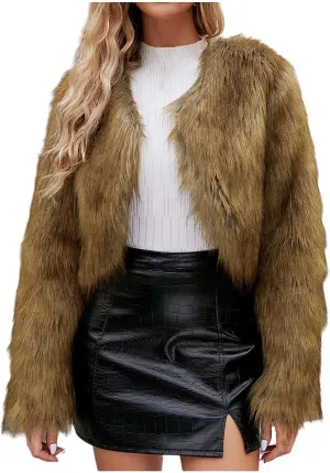 Women Faux Fur Cropped Jacket Plain Long Sleeve Coat Fuzzy Outerwear Solid Open Front Body Warmer Short Parka Coat