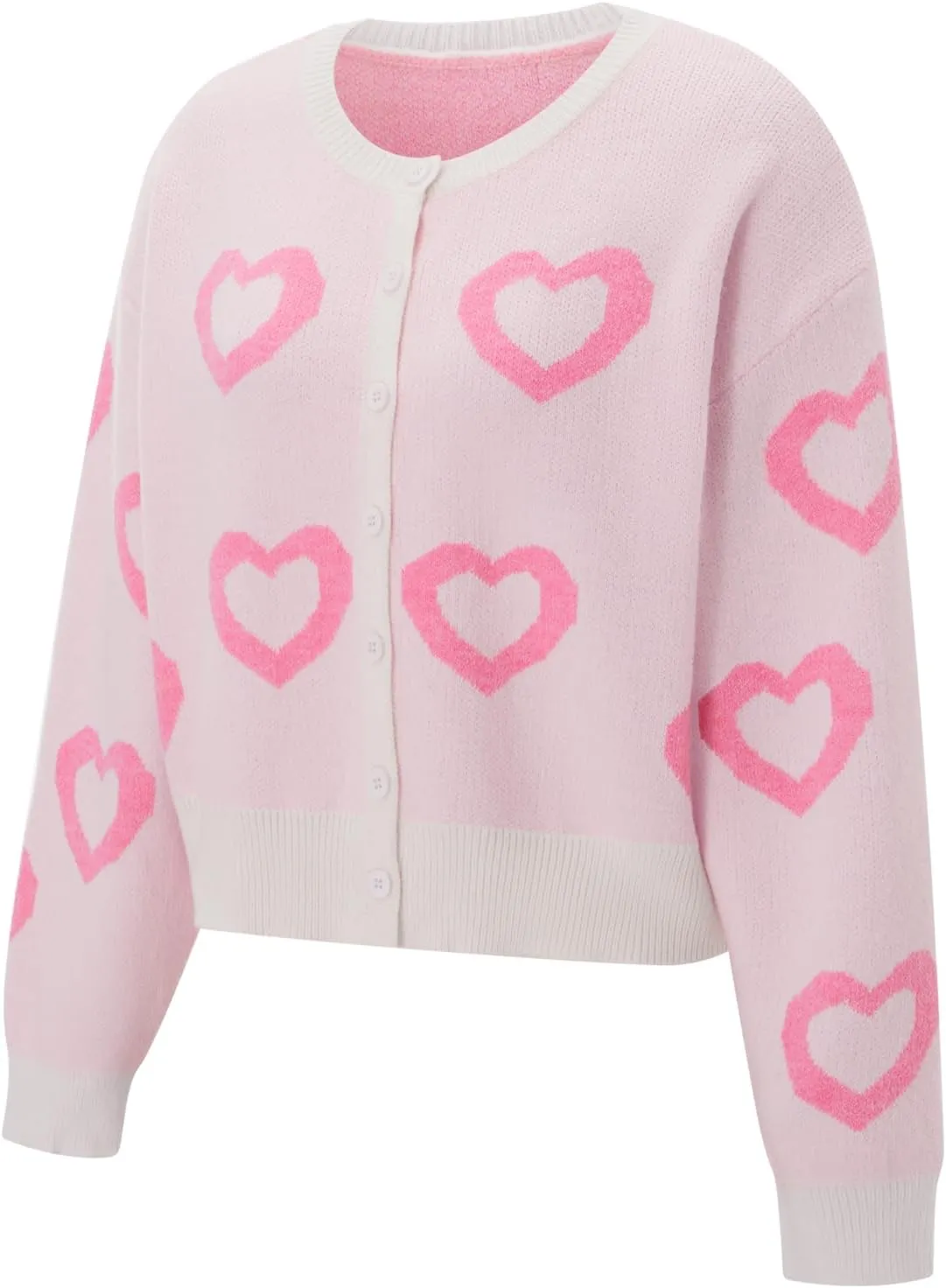Women Valentines Crop Sweater Cardigan Love Long Sleeve Heart Printed Y2k Button Down Knitted Shirt Top