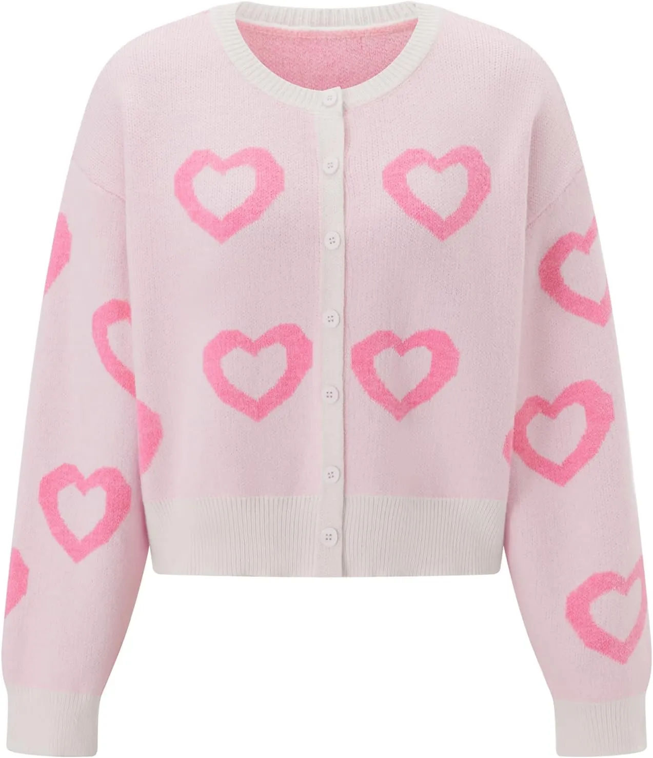 Women Valentines Crop Sweater Cardigan Love Long Sleeve Heart Printed Y2k Button Down Knitted Shirt Top