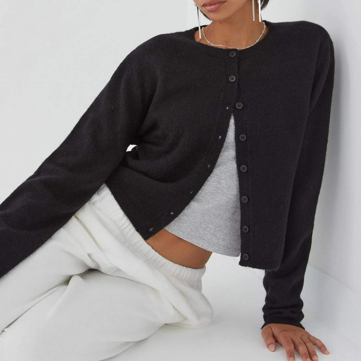 Women Y2k Crop Cardigan Sweater Long Sleeve Button Down Cardigan Vintage Open Front Sweater Cute Knit Pullover Tops