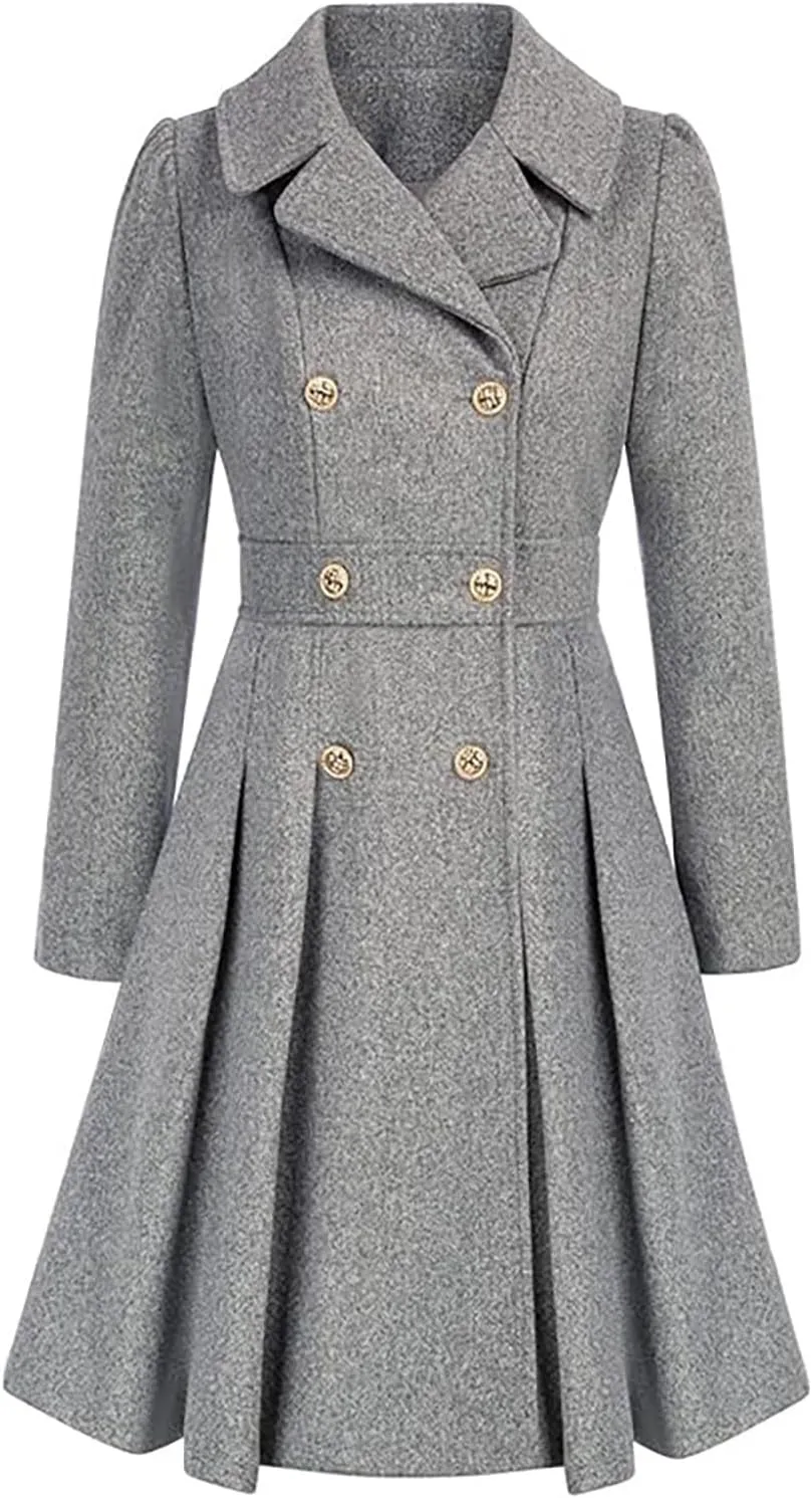Women's Fall/Winter Lapel Double Breasted A Line Coat with Pockets Coat Skater Trench Coat