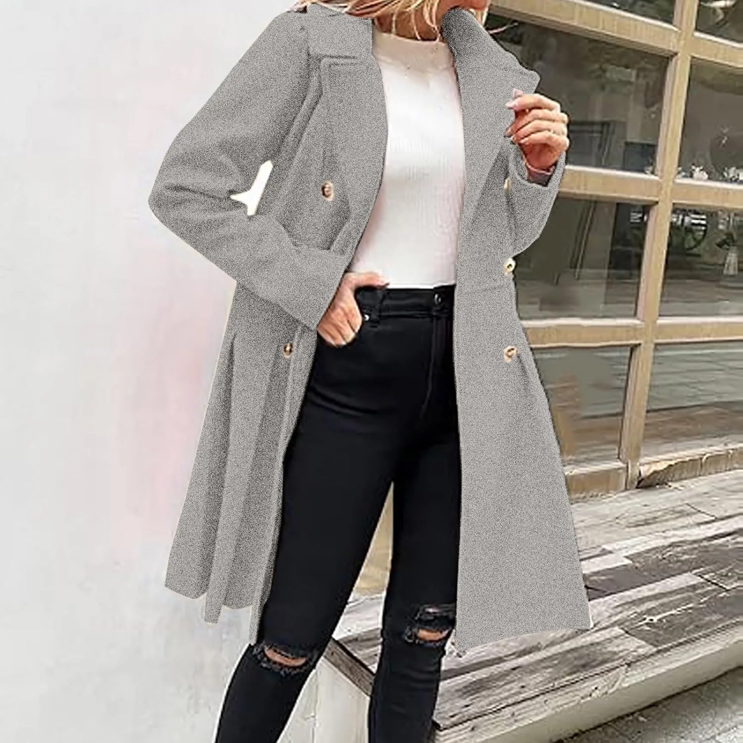 Women's Fall/Winter Lapel Double Breasted A Line Coat with Pockets Coat Skater Trench Coat
