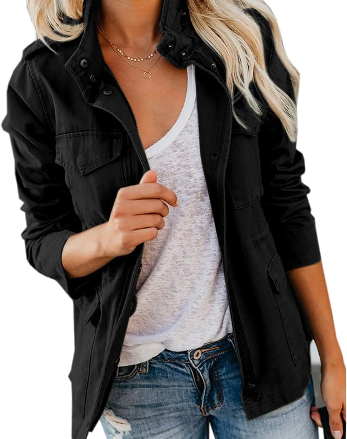 Women's Military Jacket Zip Up Snap Buttons Coat Lightweight Cargo Anorak Safari Utility Coat Outwear with Pockets