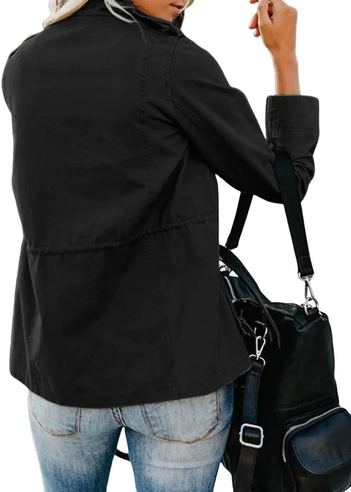 Women's Military Jacket Zip Up Snap Buttons Coat Lightweight Cargo Anorak Safari Utility Coat Outwear with Pockets