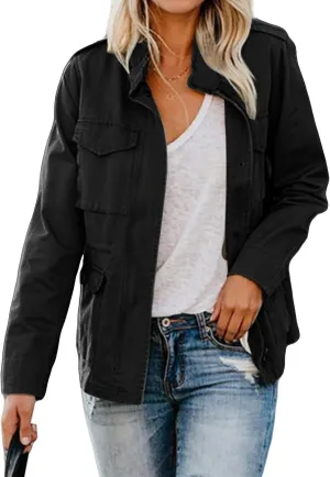 Women's Military Jacket Zip Up Snap Buttons Coat Lightweight Cargo Anorak Safari Utility Coat Outwear with Pockets