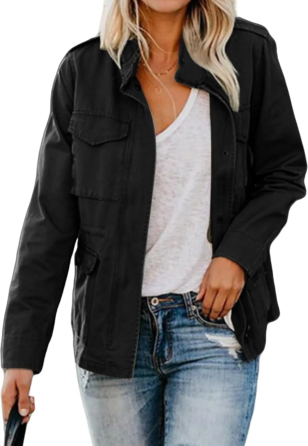 Women's Military Jacket Zip Up Snap Buttons Coat Lightweight Cargo Anorak Safari Utility Coat Outwear with Pockets