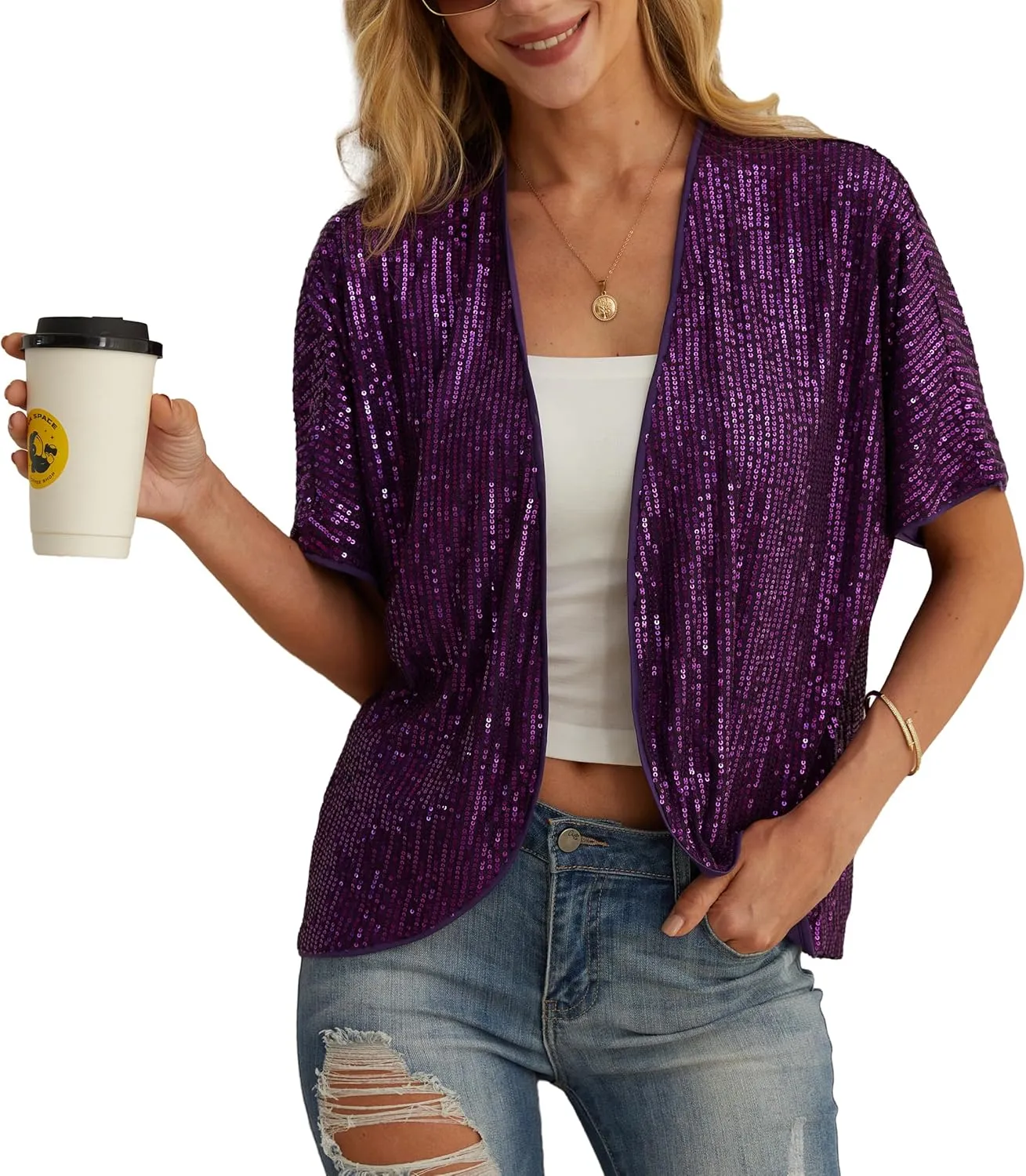 Women's Sequin Sparkle Lightweight Cardigan Casual Party Clubwear Cover Up Glitter Sequin Cardigan