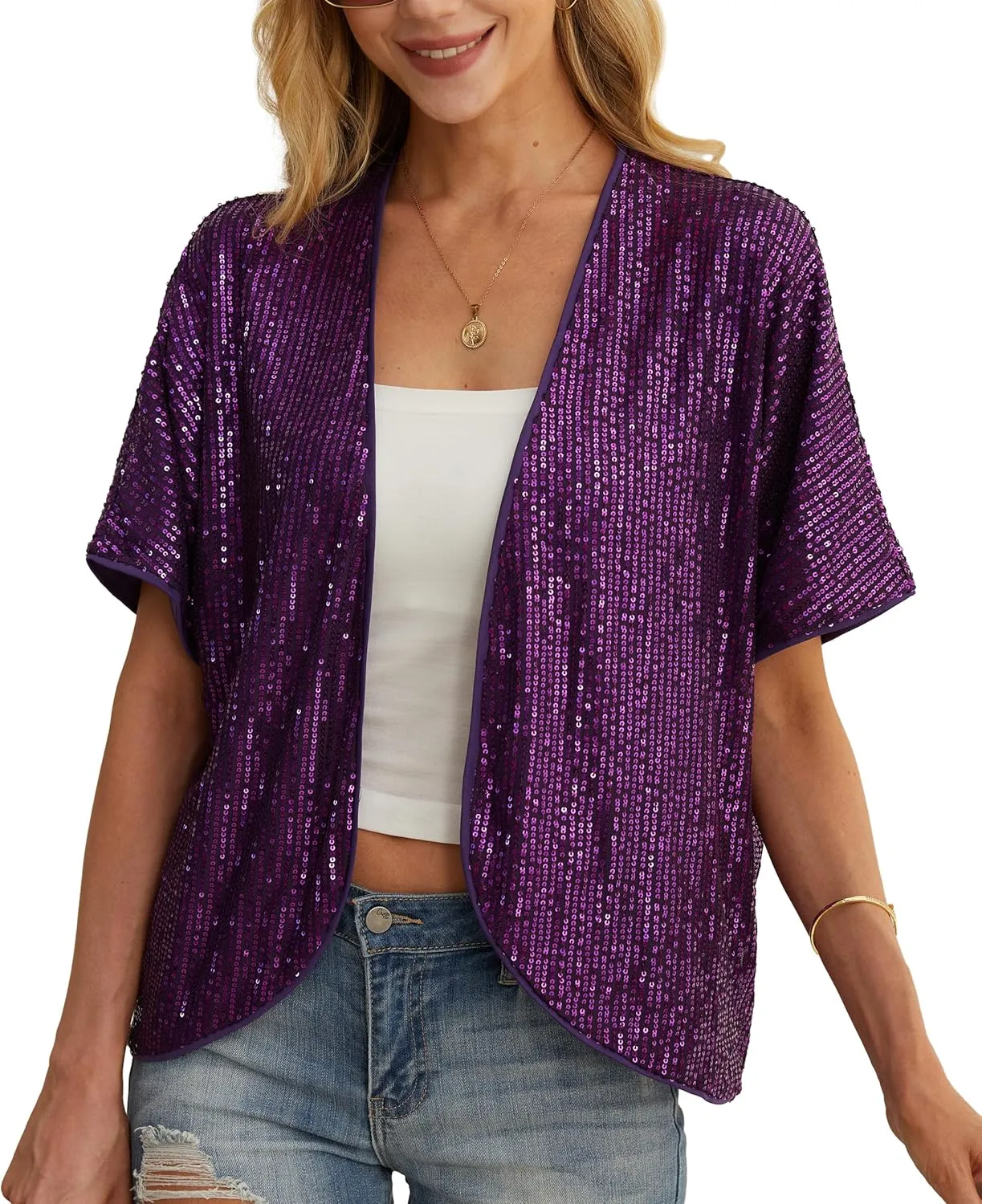 Women's Sequin Sparkle Lightweight Cardigan Casual Party Clubwear Cover Up Glitter Sequin Cardigan