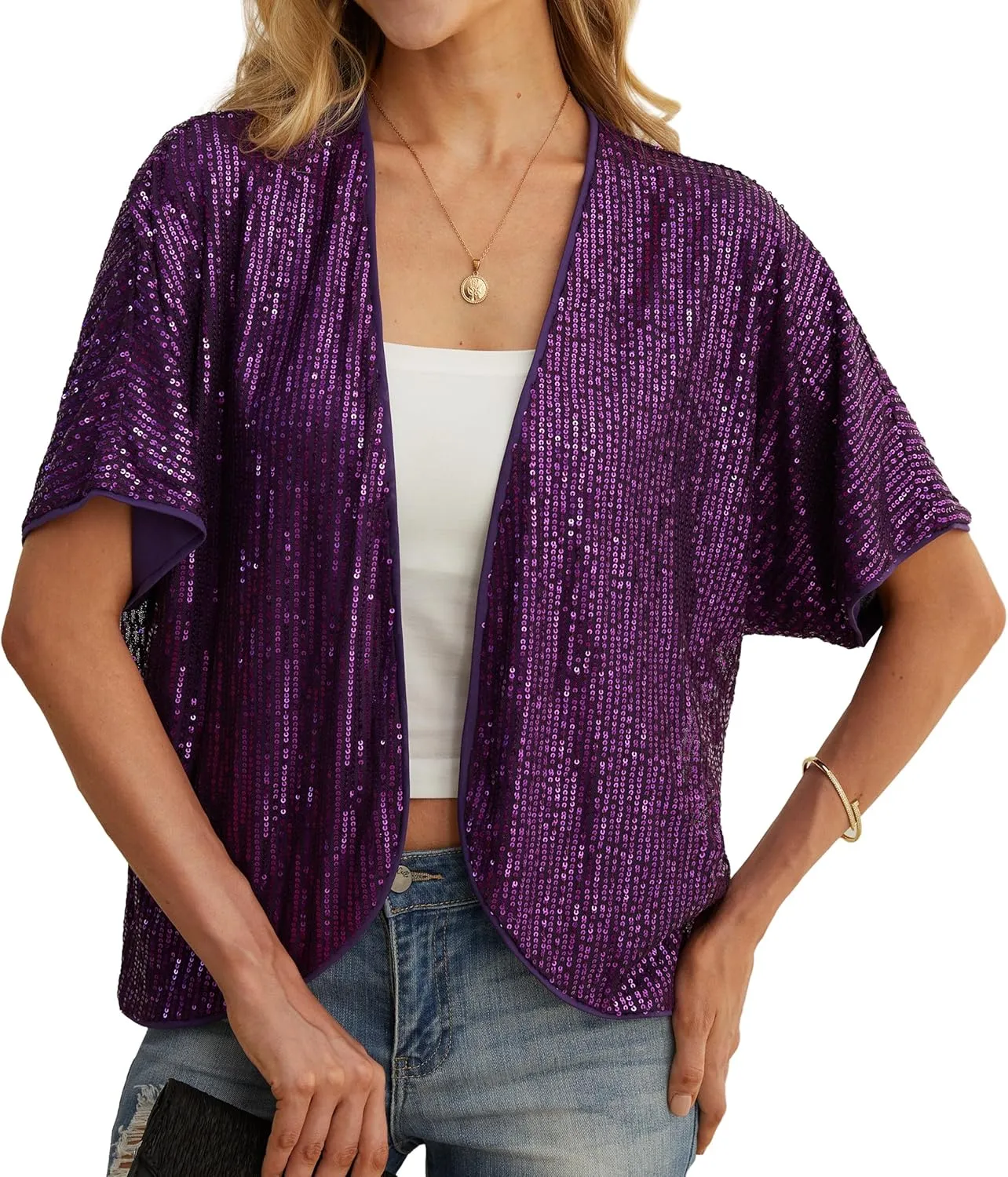 Women's Sequin Sparkle Lightweight Cardigan Casual Party Clubwear Cover Up Glitter Sequin Cardigan