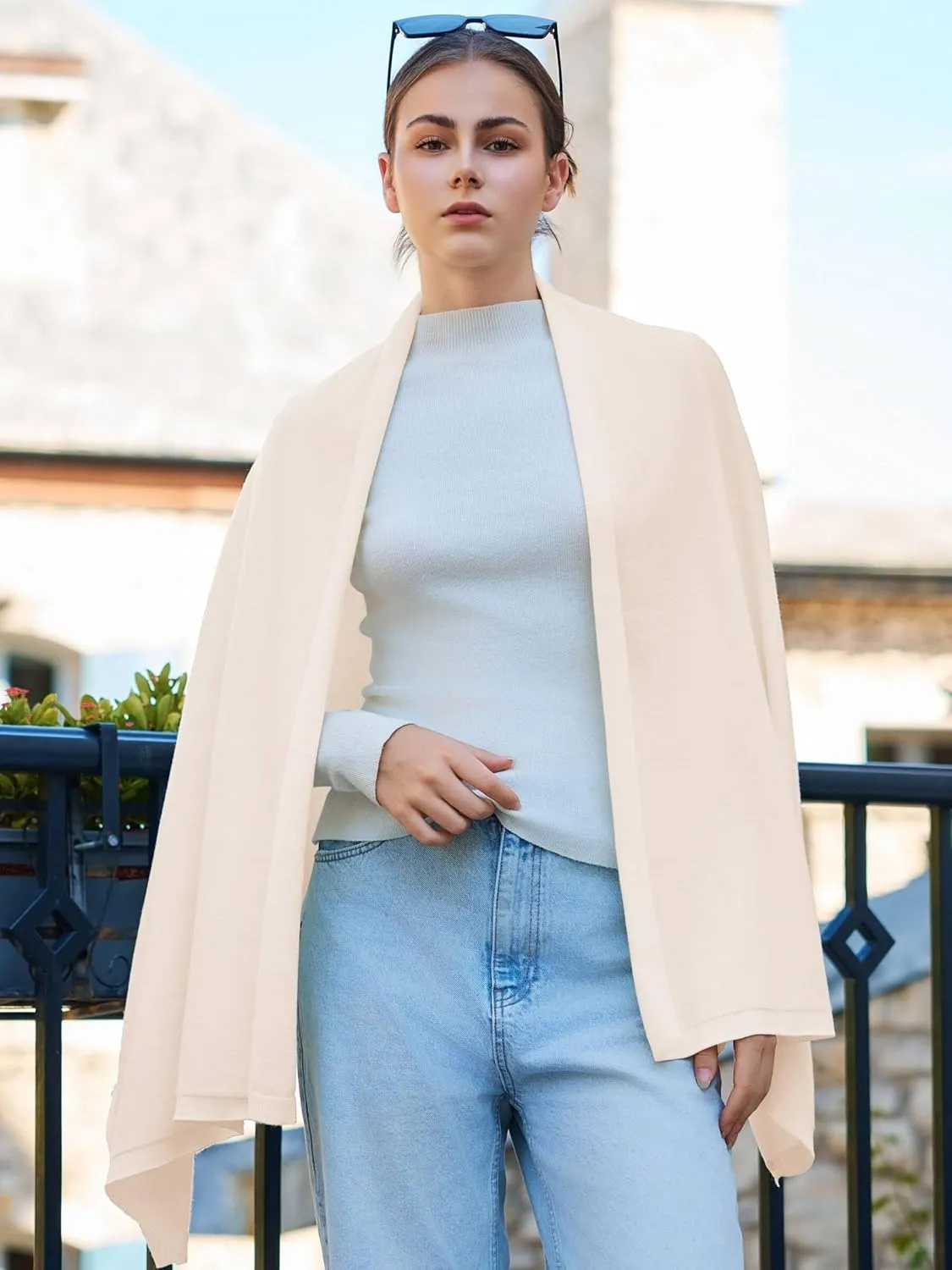 Women'S Shawl Wraps Poncho Sweater Lightweight Knit Scarf With Buttons Versatile Cape Cardigan Spring Summer Fall