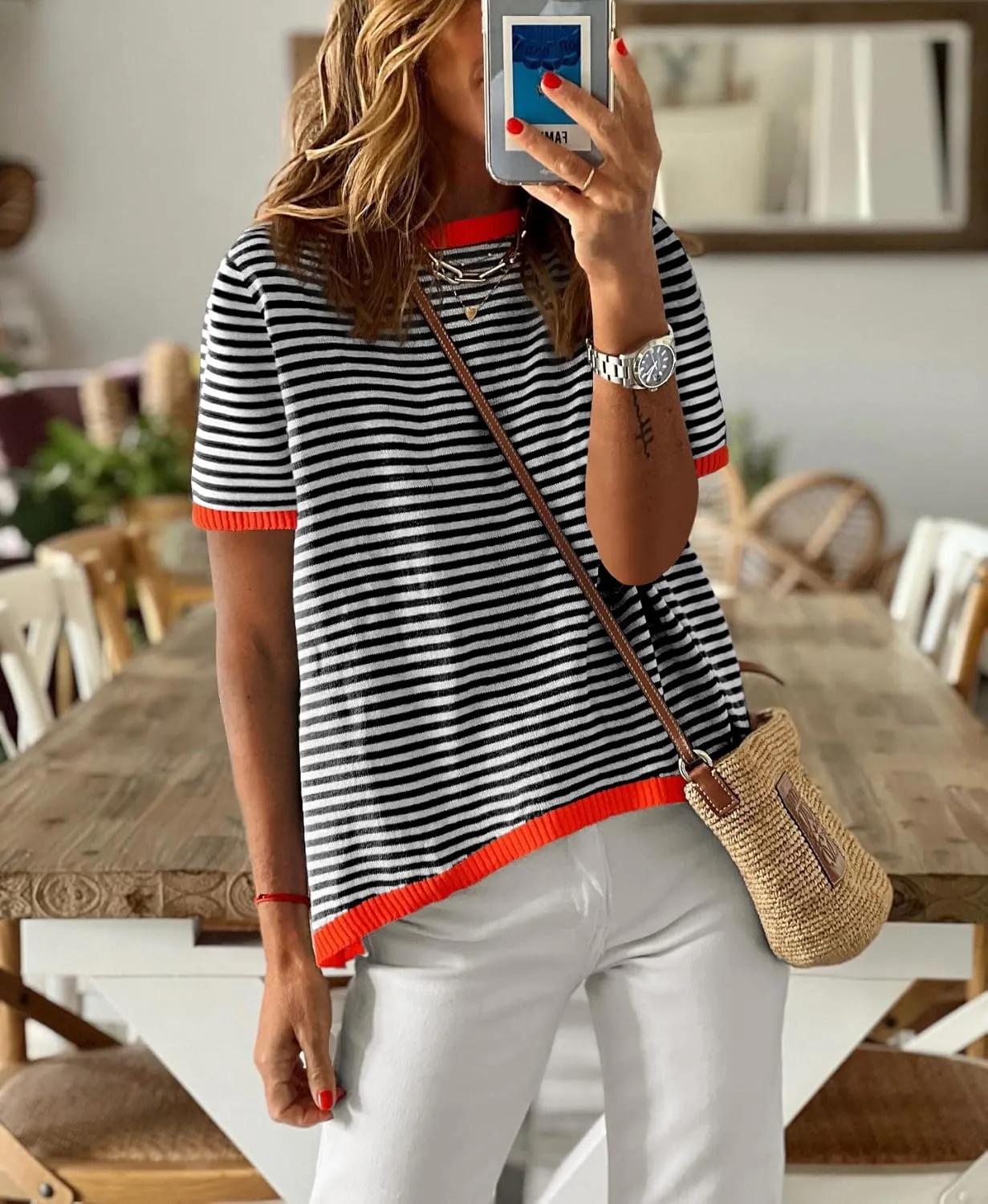 Womens Short Sleeve Sweaters Summer Casual Crewneck Striped Color Block Knitted Cotton Trendy Pullover Tops