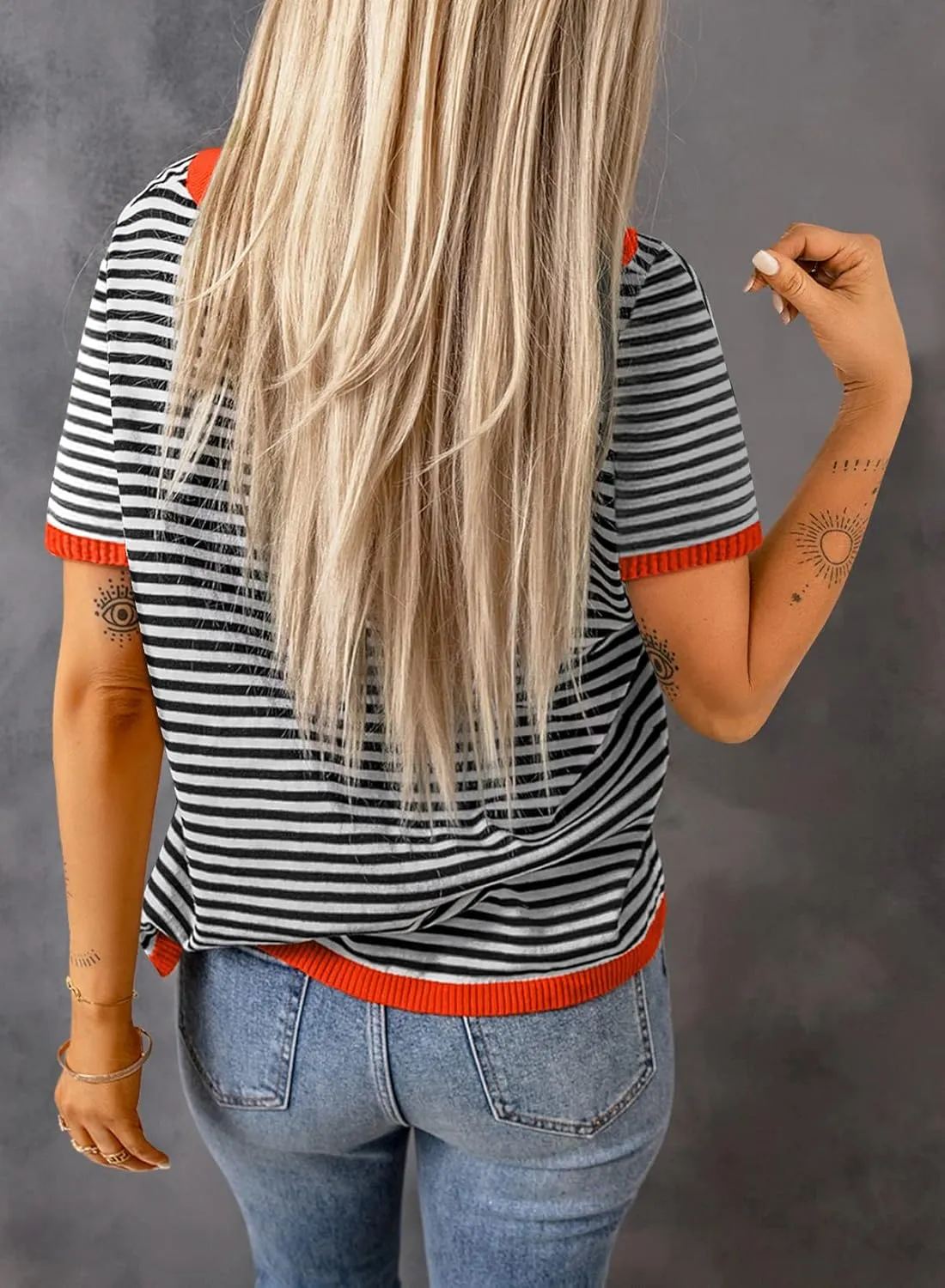 Womens Short Sleeve Sweaters Summer Casual Crewneck Striped Color Block Knitted Cotton Trendy Pullover Tops